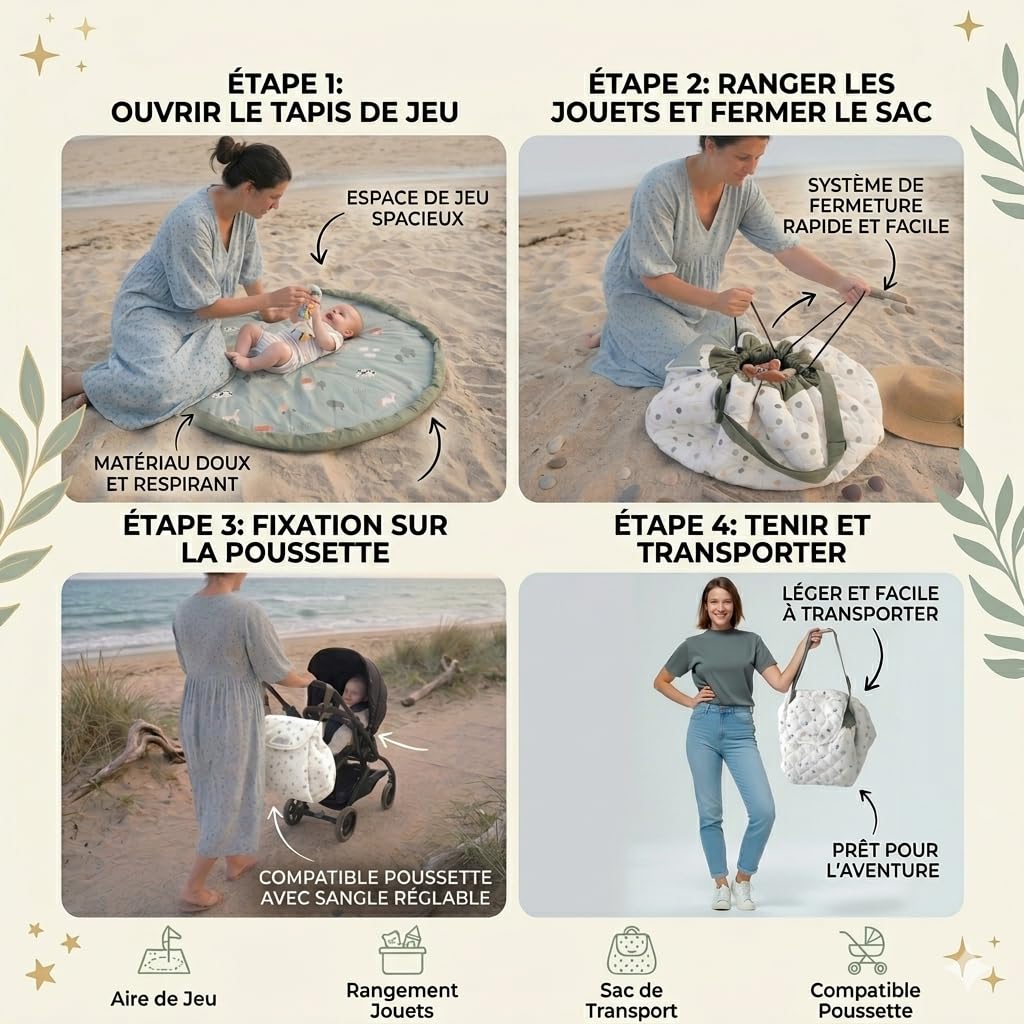 Tappeto Eveil Bebe 2 in 1 convertibile in borsa per riporre giocattoli e borsa per pannolini, tappeto da gioco XL 130 cm, rotondo, in cotone spesso lavabile, regalo per nascita, ragazzo, animali della