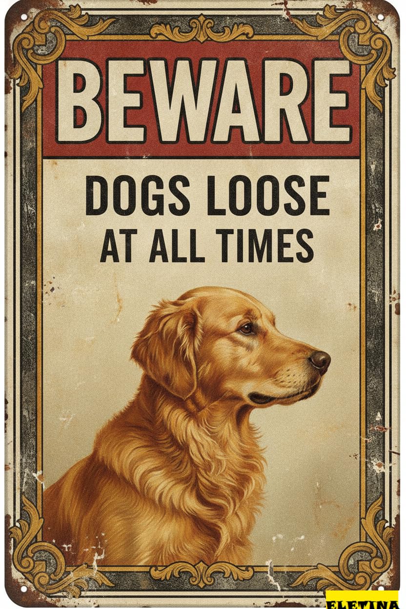 Dogs Loose Golden Retriever Warning Tin Sign, 8x12 Inch