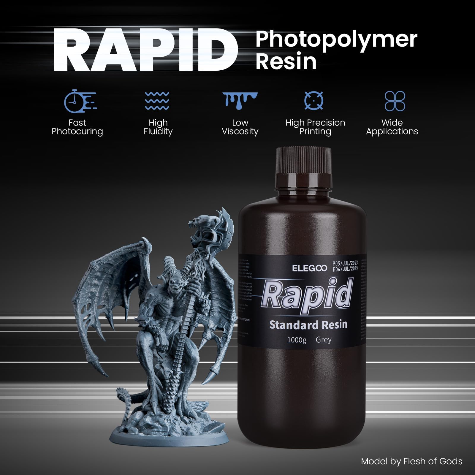 ELEGOO RAPID Resina Fotopolimerica 405nm a Polimerizzazione UV per Stampanti LCD 3D, Polimerizzazione Rapida, Alta Precisione, Grigio 1000g