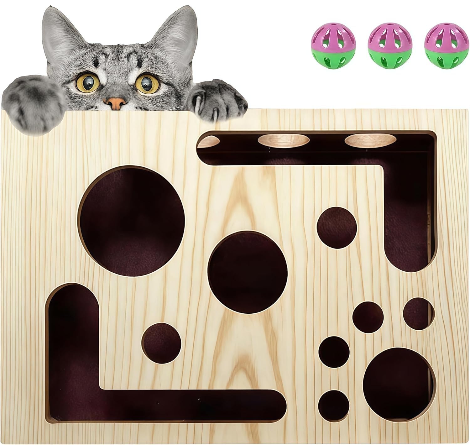 Pudełko-puzzle do pilnikowania pazurów dla kotów – pudełko wzbogacające dla kotów z kulką z dzwoneczkiem i wewnętrznym papierem ściernym, bezstresowa alternatywa do pilnikowania pazurów