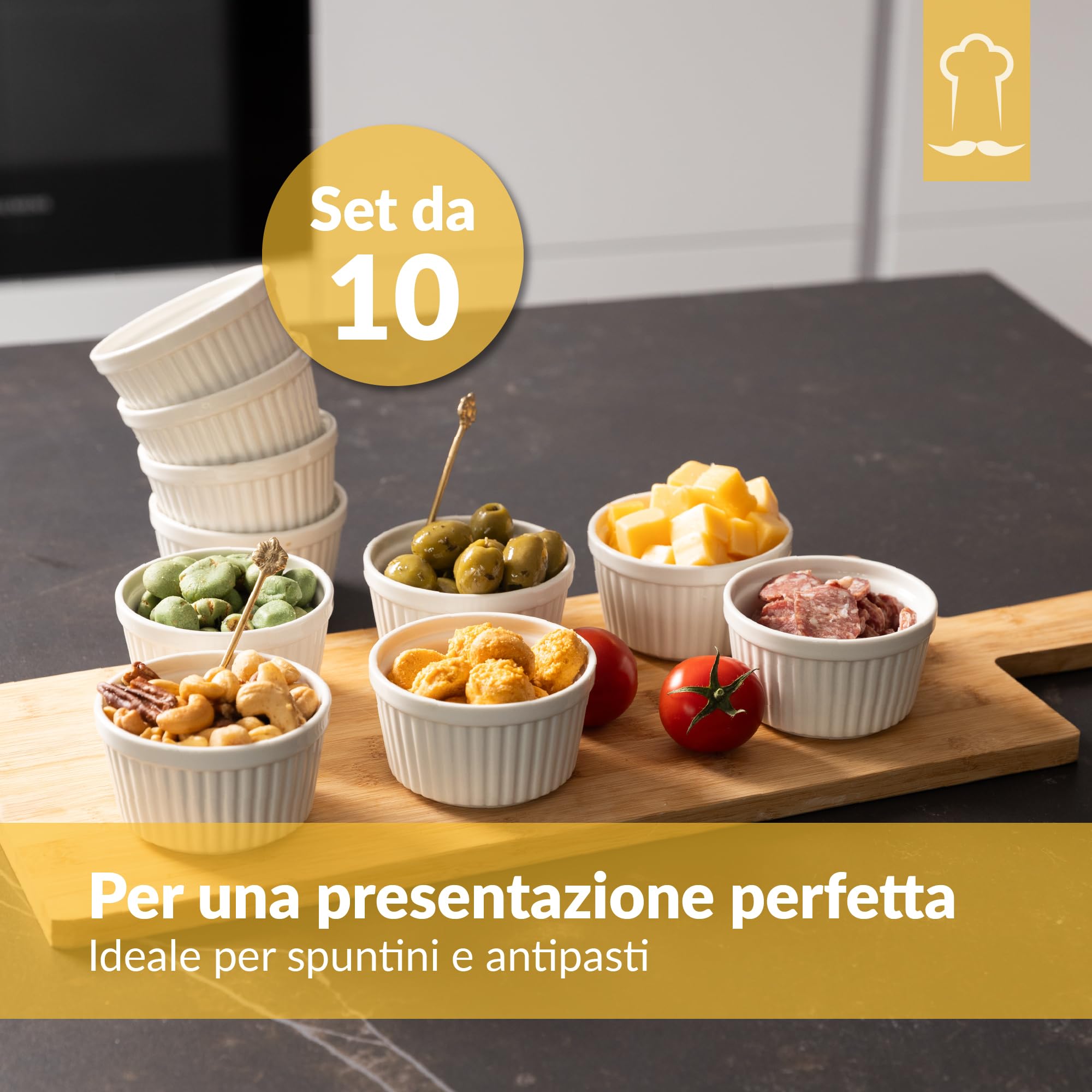 Chefarone Set 10 Stampi Soufflé 170 ml – Pirottini in Ceramica Bianca Riutilizzabili per Crème Brûlée, Dolci e Antipasti – Lavabili in Lavastoviglie, Microonde e Forno