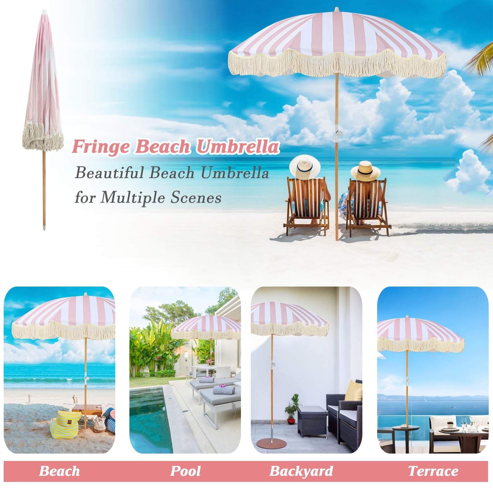 Rosa A Rayas Sombrilla De Playa Con Flecos 200cm Sombrilla De Exterior Protección UV Sombrillas Terraza Con Inclinación Portátil Sombrillas Para Patio Con Bolsa Para Jardín Cubierta Piscina Patio