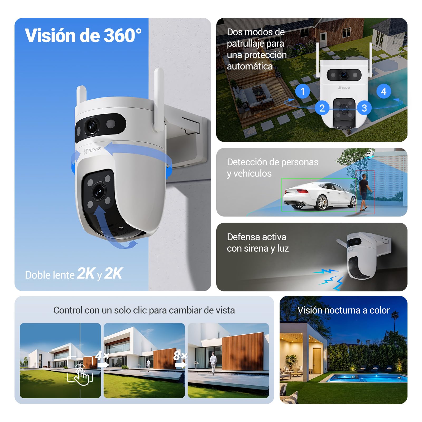 EZVIZ C9C Cámara de Vigilancia Exterior 2K con Doble Lente (3MP+3MP), Cobertura 360°, Visión Nocturna en Color, IA Detección de Personas y Vehículos, Audio Bidireccional, Compatible con Alexa