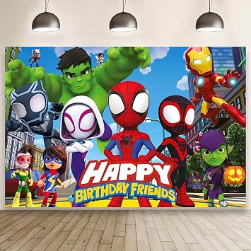 Spider and Friends Birthday Decorations,Spider and Friends Happy Birthday Banner Backdrop for Kids Birthday Party Supplies 5x3ft