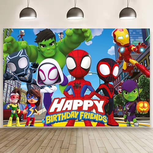 Spider and Friends Birthday Decorations,Spider and Friends Happy Birthday Banner Backdrop for Kids Birthday Party Supplies (5x3ft)
