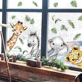 22.44 x 21.25 Inch Watercolor Jungle Animal Window Clings Tiger Lion Elephant Zebra Window Stickers Double-Side Safari Animal Window Stickers for Baby Nursery Playroom Bedroom Window Glass Wall Decor