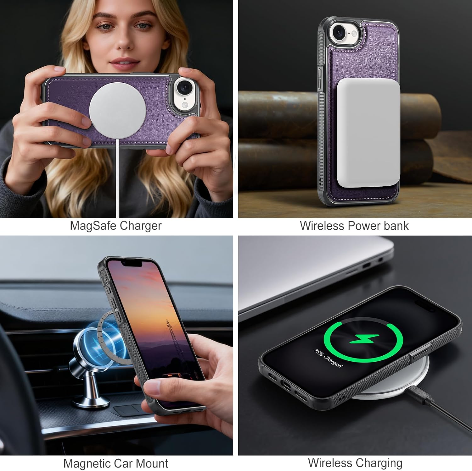 for iPhone 17E & 16E MagSafe Wallet Case, 2-in-1 Detachable Luxury Card Holder, Universal MagSafe Compatible, RFID Blocking, Shockproof Kickstand Slim Cover， Grape Purple