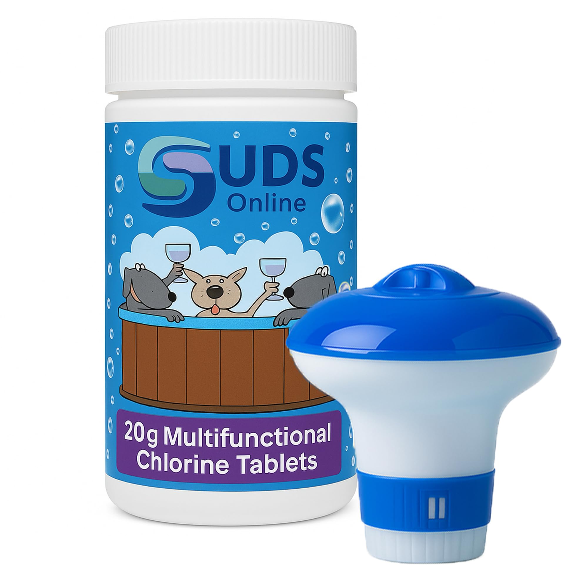 SUDS-ONLINE Floating Dispenser + 50 Ultimate Chlorine Tablets 20g Hot Tub Swimming Tablet