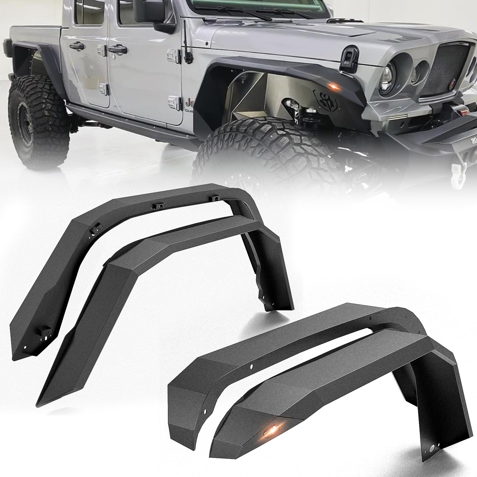 YZONA for JT Flat Front and Rear Fender Flares Compatible with 2020 2021 2022 2023 2024 2025 2026 Jeep Gladiator JT with Turn Signal Lights, Heavy Duty Steel Mud Guard Wheel Fenders Combo