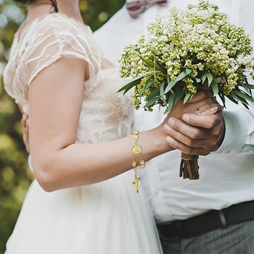 Miniatura 9 de LEMESO 20 piezas de bautismo chapado en oro, mini rosario de perlas de imitación de color marfil y pulsera con patrón de Jesús, ideal para bautizo,