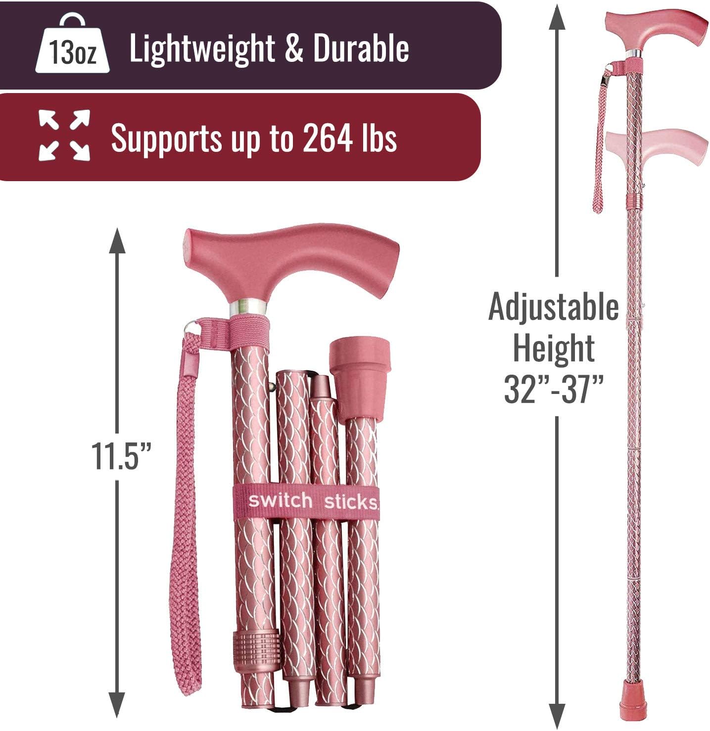 Switch Sticks Walking Cane for Men or Women, Foldable and Adjustable from 32-37 inches, Engraved Rose Gold : Everything Else