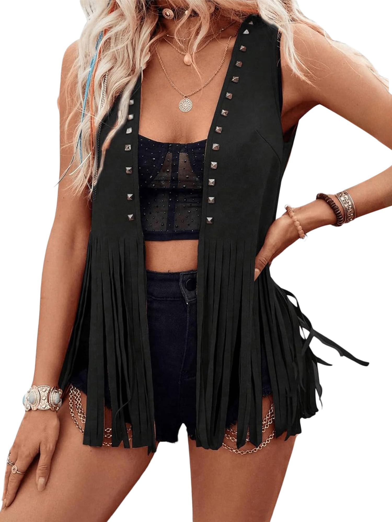 Women Tassel Vest Sleeveless Western Cowgirl Faux Suede Fringe Vest 70s Hippie Vintage Gilets Y2k Jacket Waistcoat Outerwear (G-Black, L)