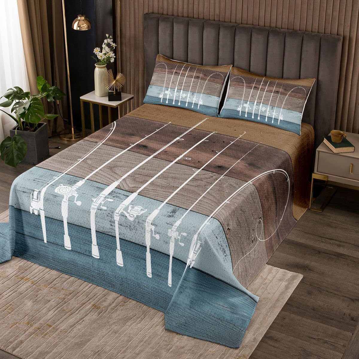 Erosebridal Fishing Coverlet Set Queen Fishing Pole Quilt Set Fishing Gifts for Men,Vintage Watercolor Wood Bedspread Set Go Fish Bed Set,Angle Hook Fishing Accessories Rustic Home Decor,Grey