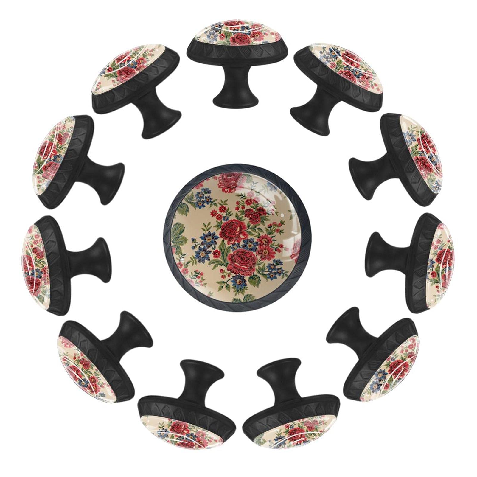 Boutons de tiroir ronds motif fleur bleue rouge 35 mm lot de 12 pièces
