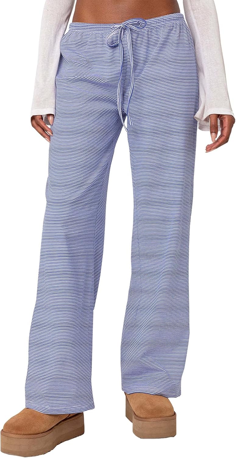 Women's Drawstring Pajama Pants Striped Casual Palazzo Wide Leg Lounge Pants Comfy Sleepwear Trousers - Image 2