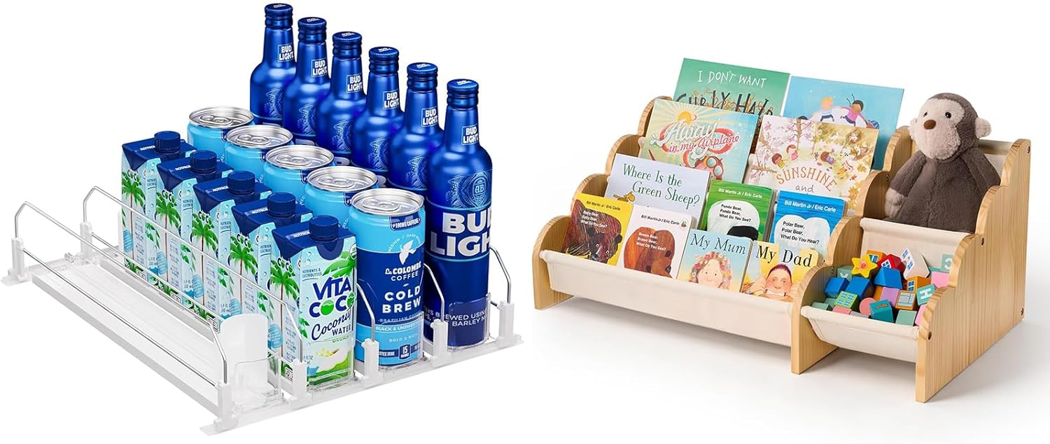 Puricon Drink Organizer for Fridge Pusher Glide Bundle with 4-Tier Wooden Bookshelf with Storage