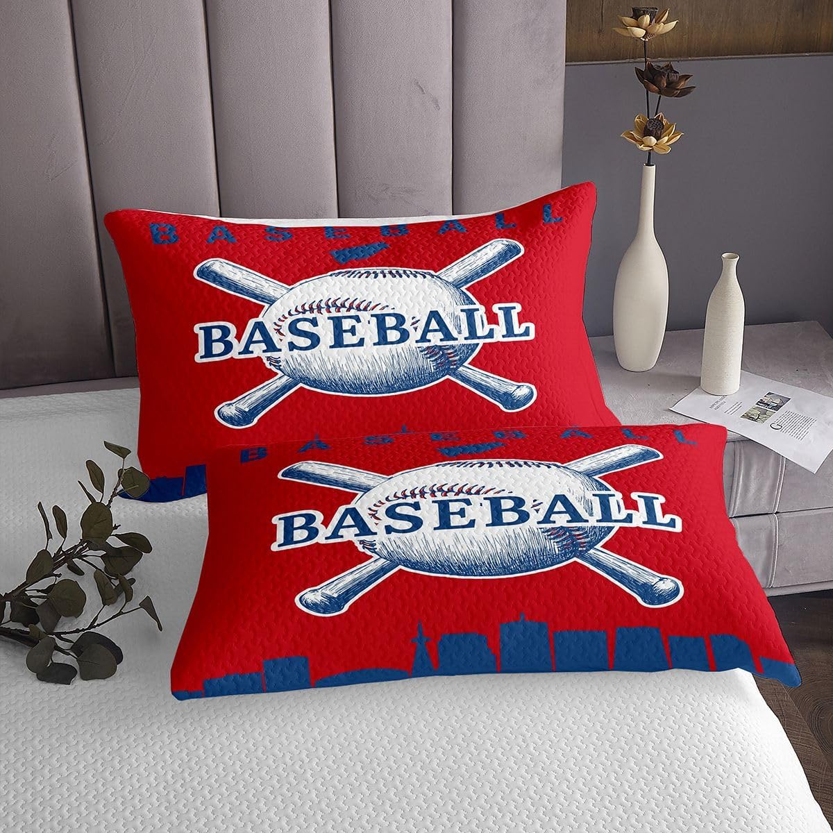 Erosebridal Baseball Coverlet Set Softball Quilt Set Queen Size Baseball City Bedspread Sets for Teens Boys Men Youth Room Decor Sports Games Bedding Set, Red Blue
