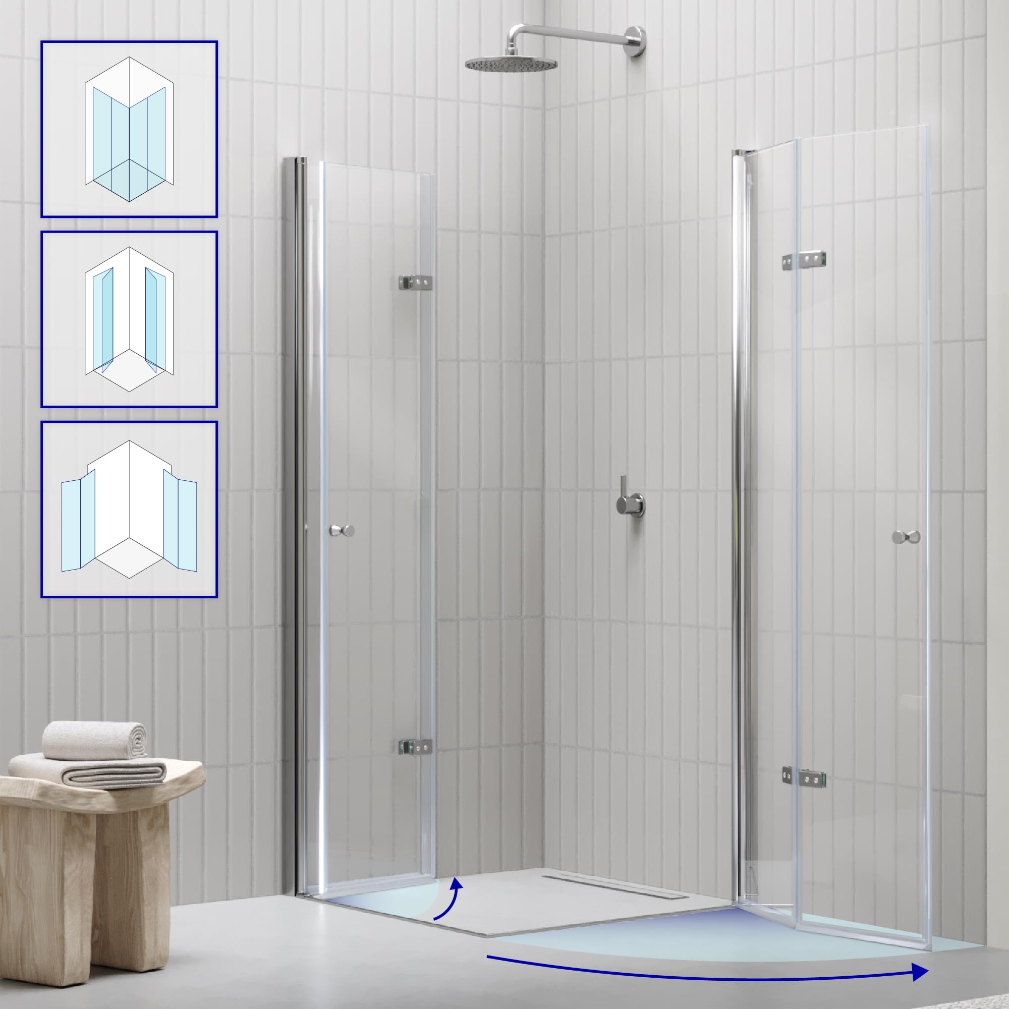 Mampara de Ducha Emma-75x75x180cm|REVERSIBLE|Puertas Plegables, Ajuste 73,5-75,5x73,5-75,5cm|Perfiles Cromo, Cristal Templado Transparente 6mm