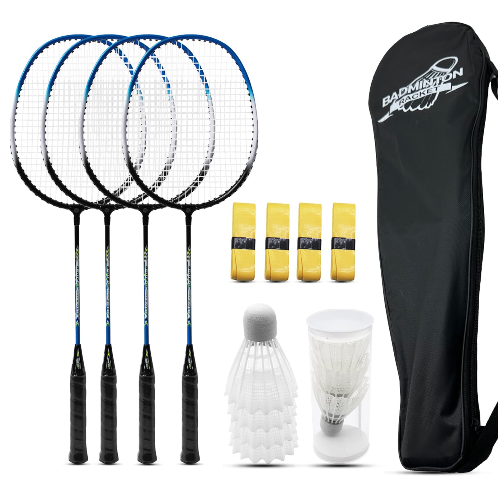 Magicorange Badminton Rackets Set of 4 for Outdoor Backyard Games, Including 4 Racquets,4 Shuttlecocks, 4 Replacement Grip Tapes & 1 Carry Bag