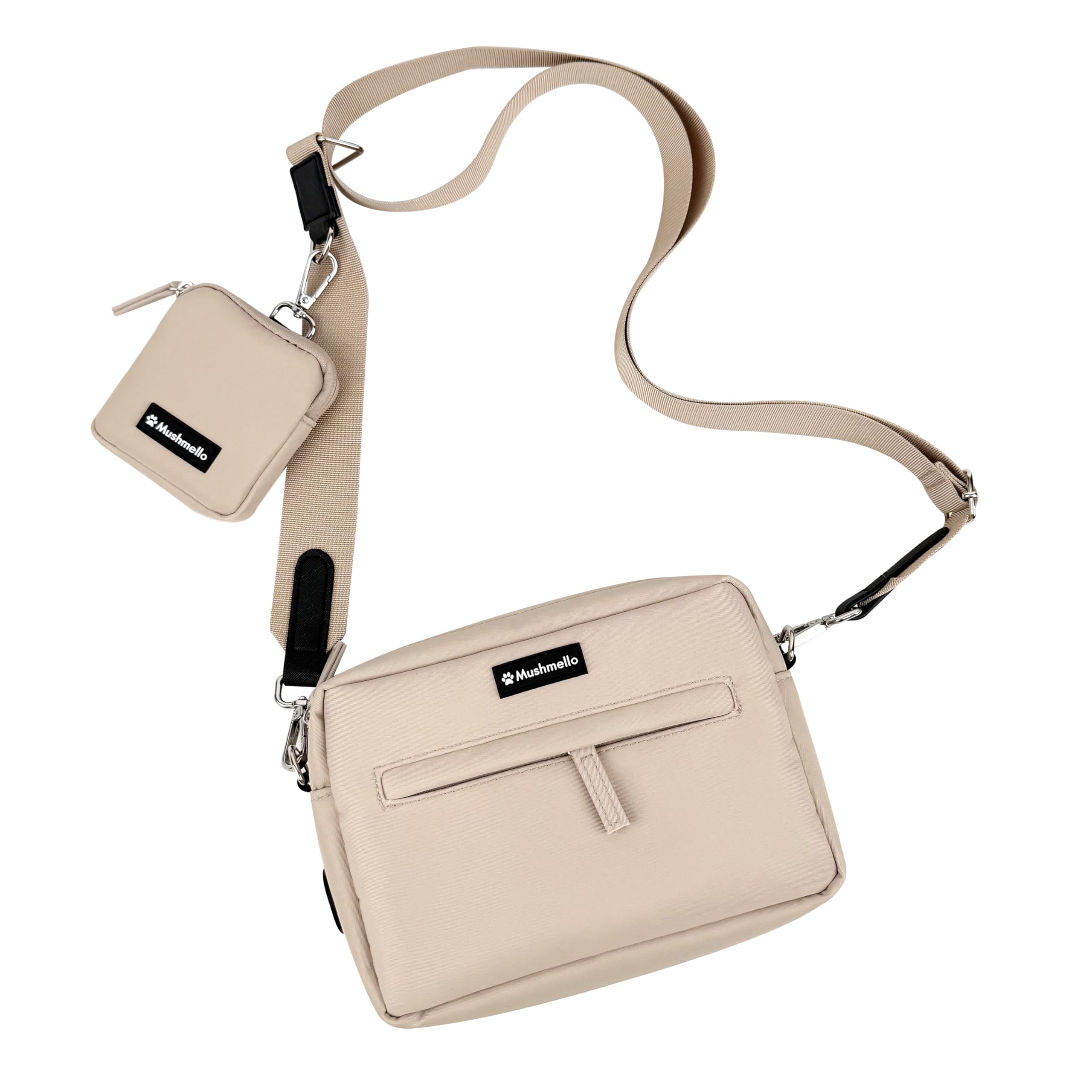Mushmello Dog Walking Bag, Hands-Free Pet Essentials Organizer, Crossbody Shoulder Bag with Poop Bag Dispenser, Water-Resistent, Durable Nylon (Beige)