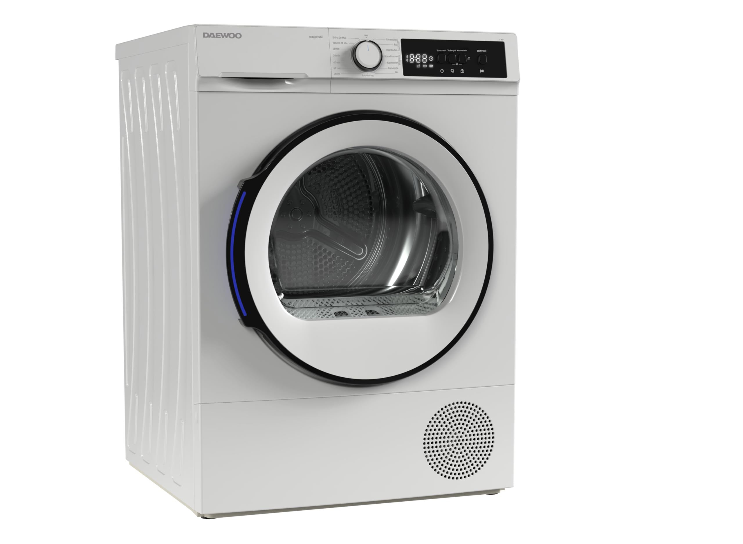 Daewoo TD-B8GP1WD0-DE Wäschetrockner Frontlader, D, 8 kg Wärmepumpentrockner, 15 Programme mit Kurzprogramm, LED-Trommelbeleuchtung, Knitterschutz, Weiß