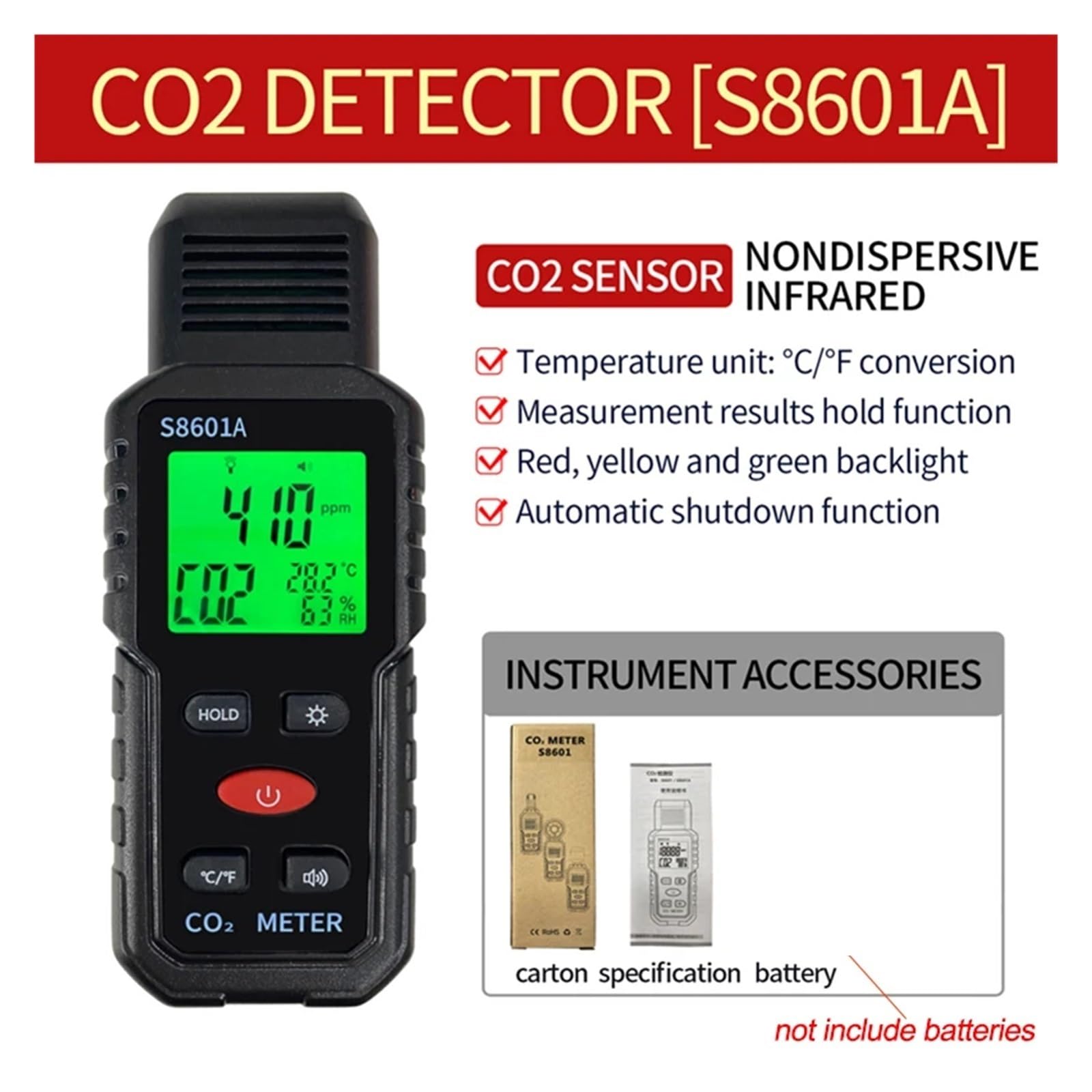 3 w 1 miernik CO2 Monitor jakości powietrza Ręczny 5000ppm Monitor CO2 Pomiar Dwutlenek węgla ℃/℉ Temperatura Wilgotność Detektor(Infrared sensor)