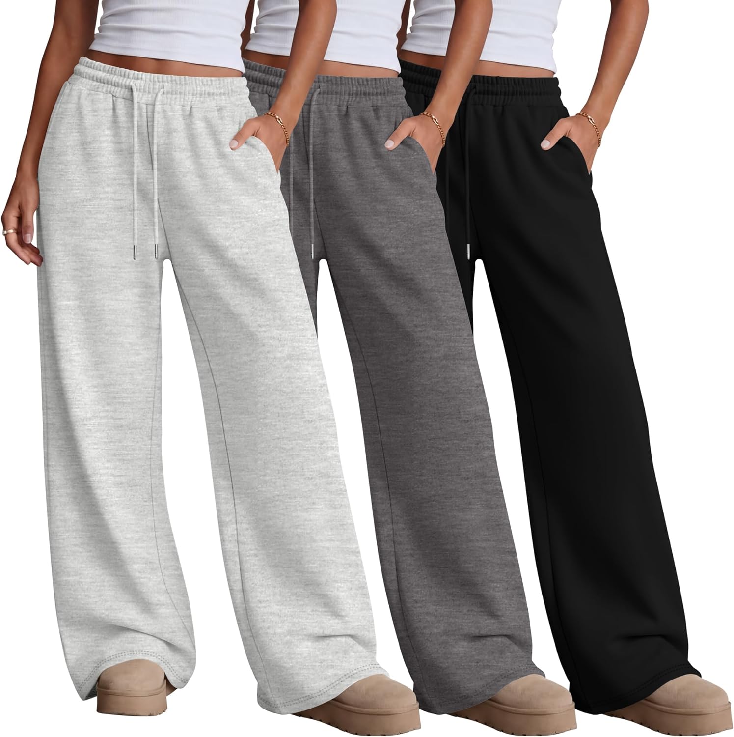 Neer 3 Pack Women's Sweatpants with Pockets, High Waisted Casual Yoga Pants Cozy Lounge Drawstring Loose Wide Leg Jogger