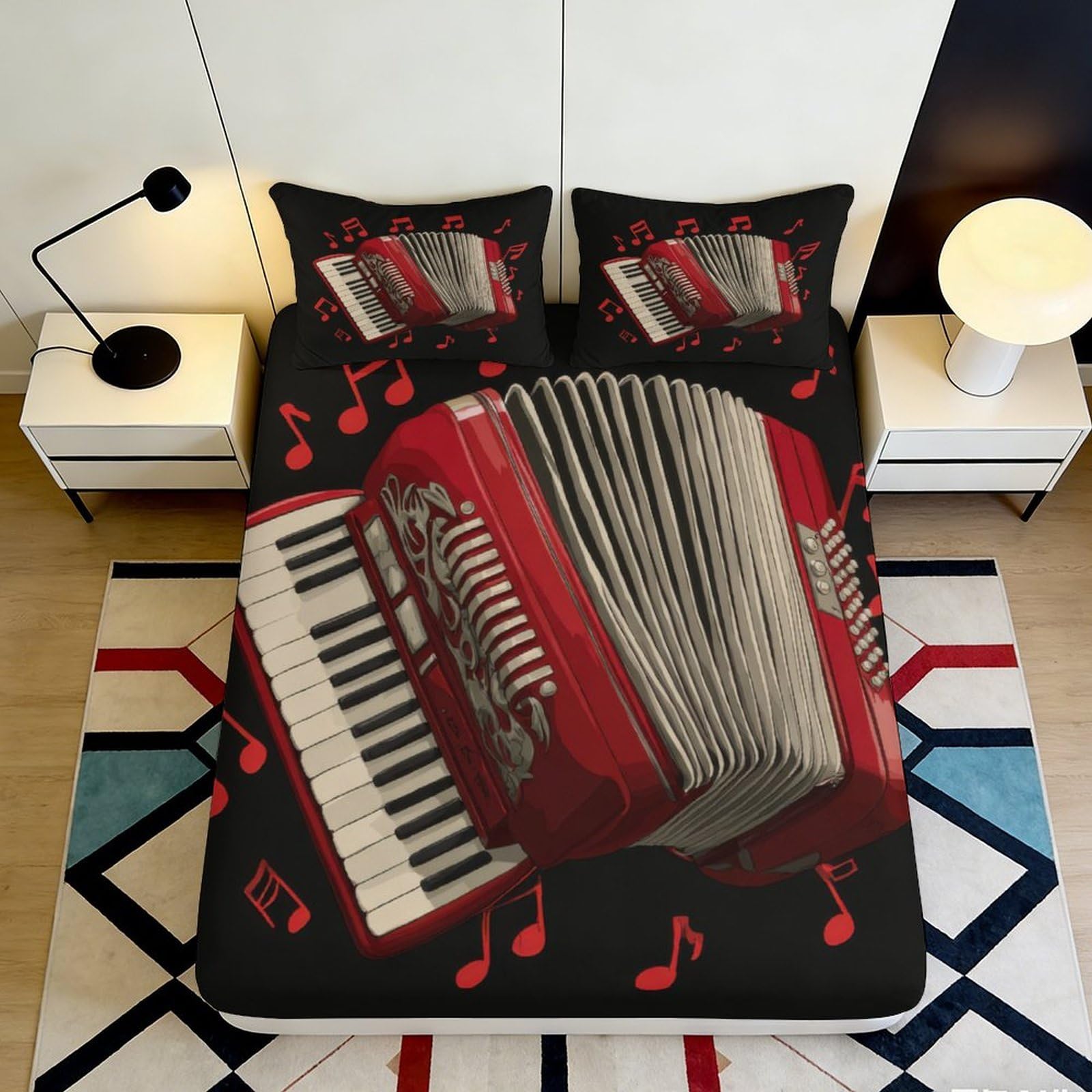 Jqzkxnhpbr Style-7 3D Printed Accordion Musical Notes Fitted Sheet Microfiber Anti-Slip Bed Cover Bedroom Decor Washable 90X200x25cm
