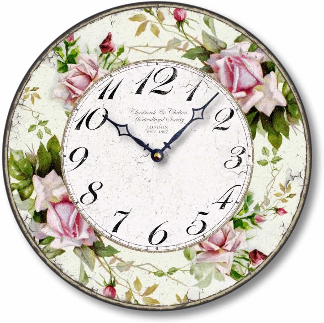 Item C1126 Vintage Style 12 Inch Pink Roses Wall Clock