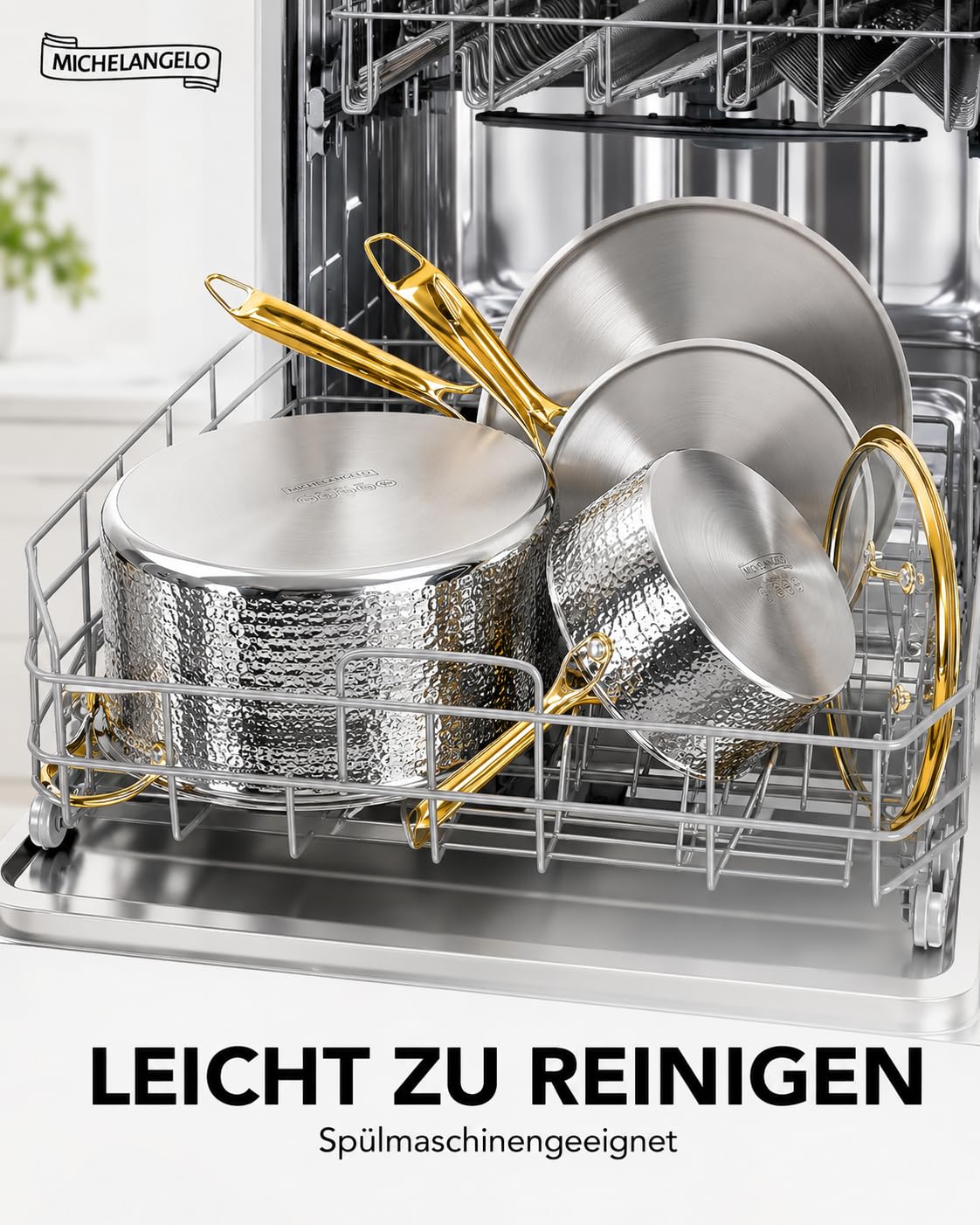 MICHELANGELO 10-tlg. Topf- und Pfannenset Induktion, Edelstahl, gehämmert | Kochgeschirr-Set | Gehämmerte Optik | Goldfarbene Griffe | 3-lagiger Edelstahl | PTFE-/PFOA-frei | Backofen bis 315°C