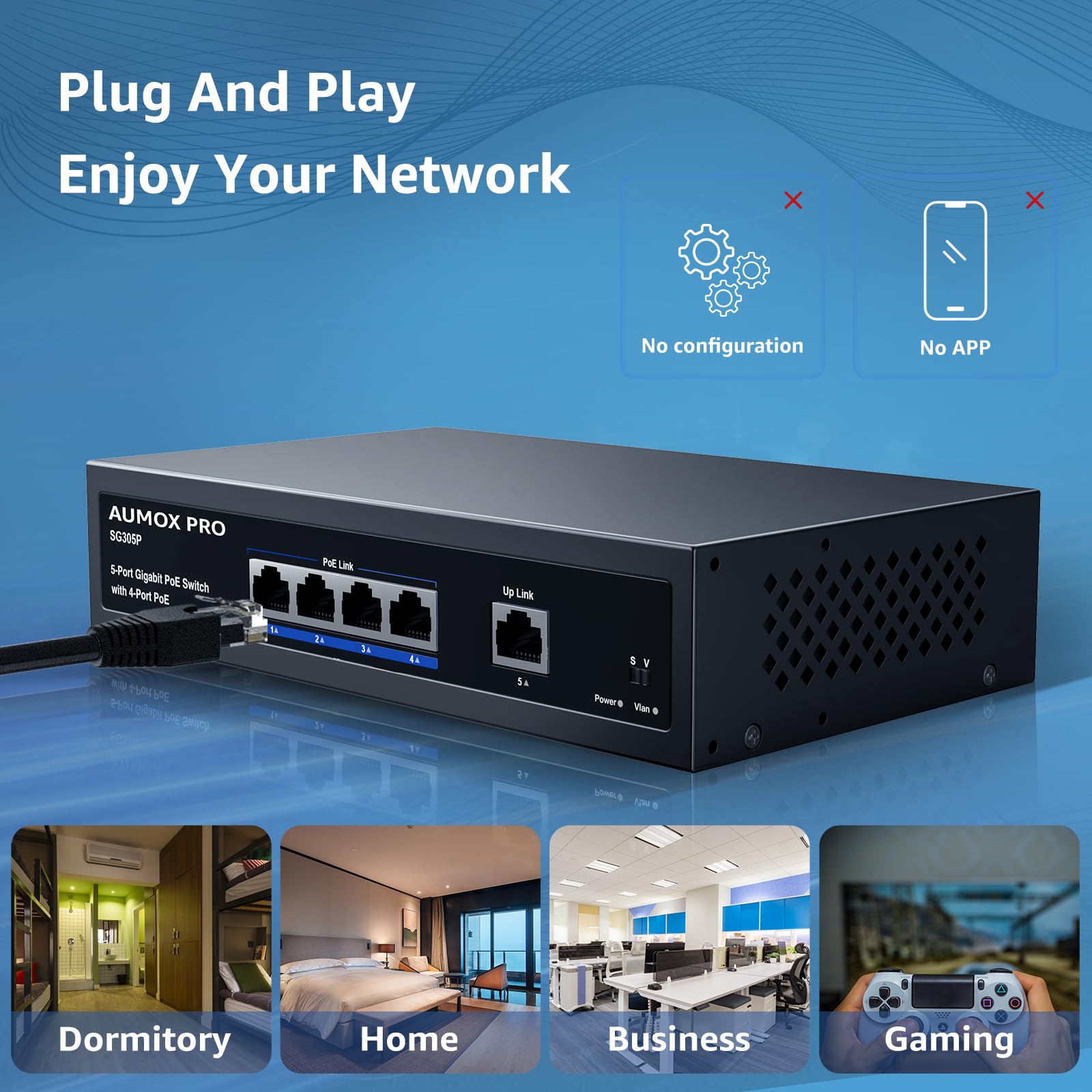 SG305P Commutateur PoE Gigabit Ethernet 5 ports non géré avec 1 port Gigabit montant 78 W, Plug and Play, commutateur réseau VLAN en métal robuste sans ventilateur 802.3af/at, montage mural