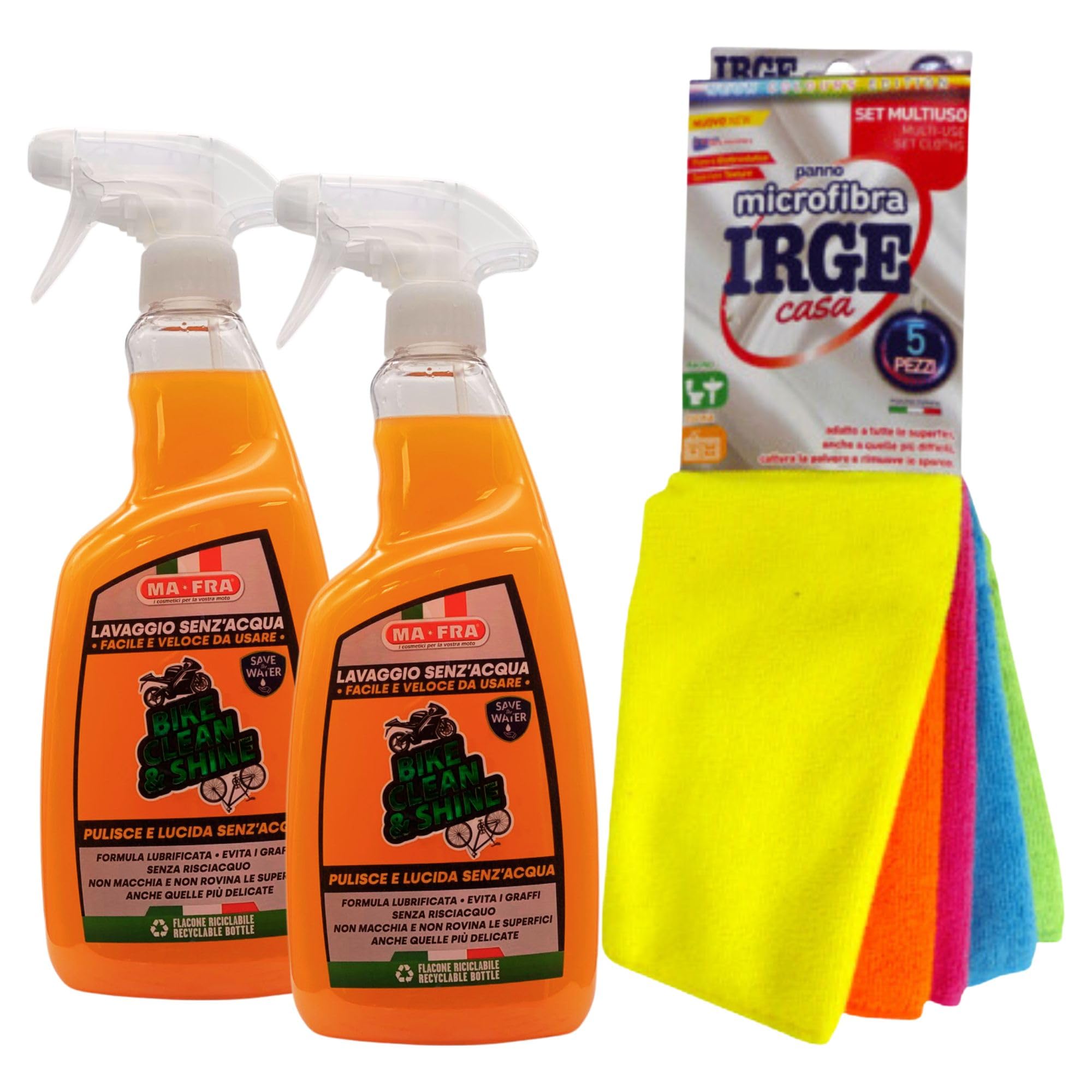 SET: Detergente Spray Lavaggio Senza Acqua BIKE CLEAN & SHINE, Pulisce e Lucida. Formula Lubrificata, Evita i Graffi 750ml + 5 Panni In Microfibra Multiuso. Formato 30x35cm (2xSpray+Panni)