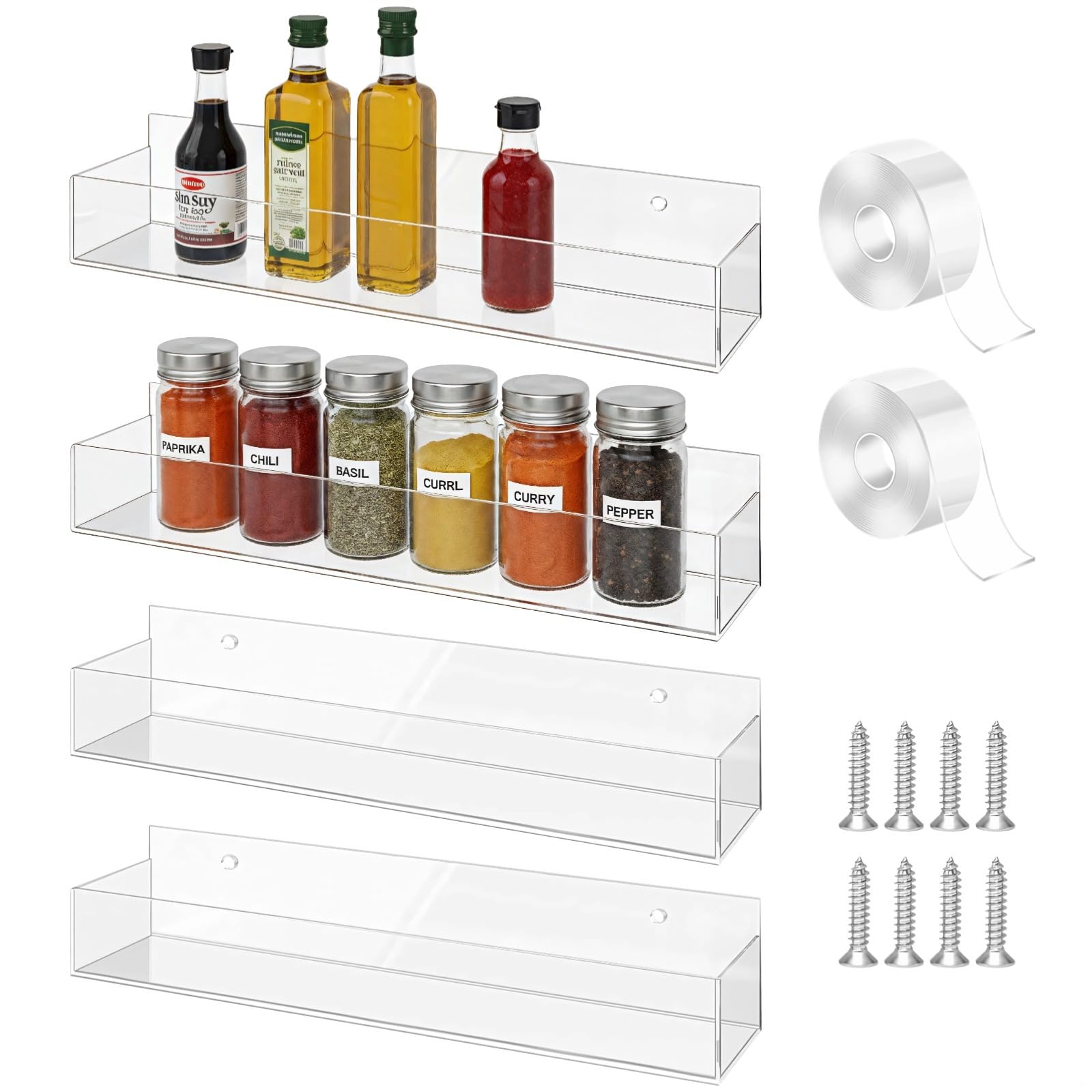 4 estantes de especias de montaje en pared, organizador de especias acrílico transparente, estantes adhesivos y colgantes para despensa de cocina, ahorro de espacio