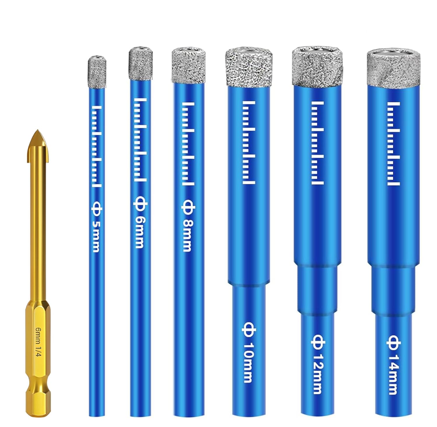 7 Stück Fliesenbohrer Glasbohrer Diamantbohrer,5/6/8/10/12/14mm Feinsteinzeug Diamant Fliesen Bohrer und 6mm Metall Bohren, Glasbohrer für Keramik Granit, Glas, Porzellan, Mauerwerk, Marmor