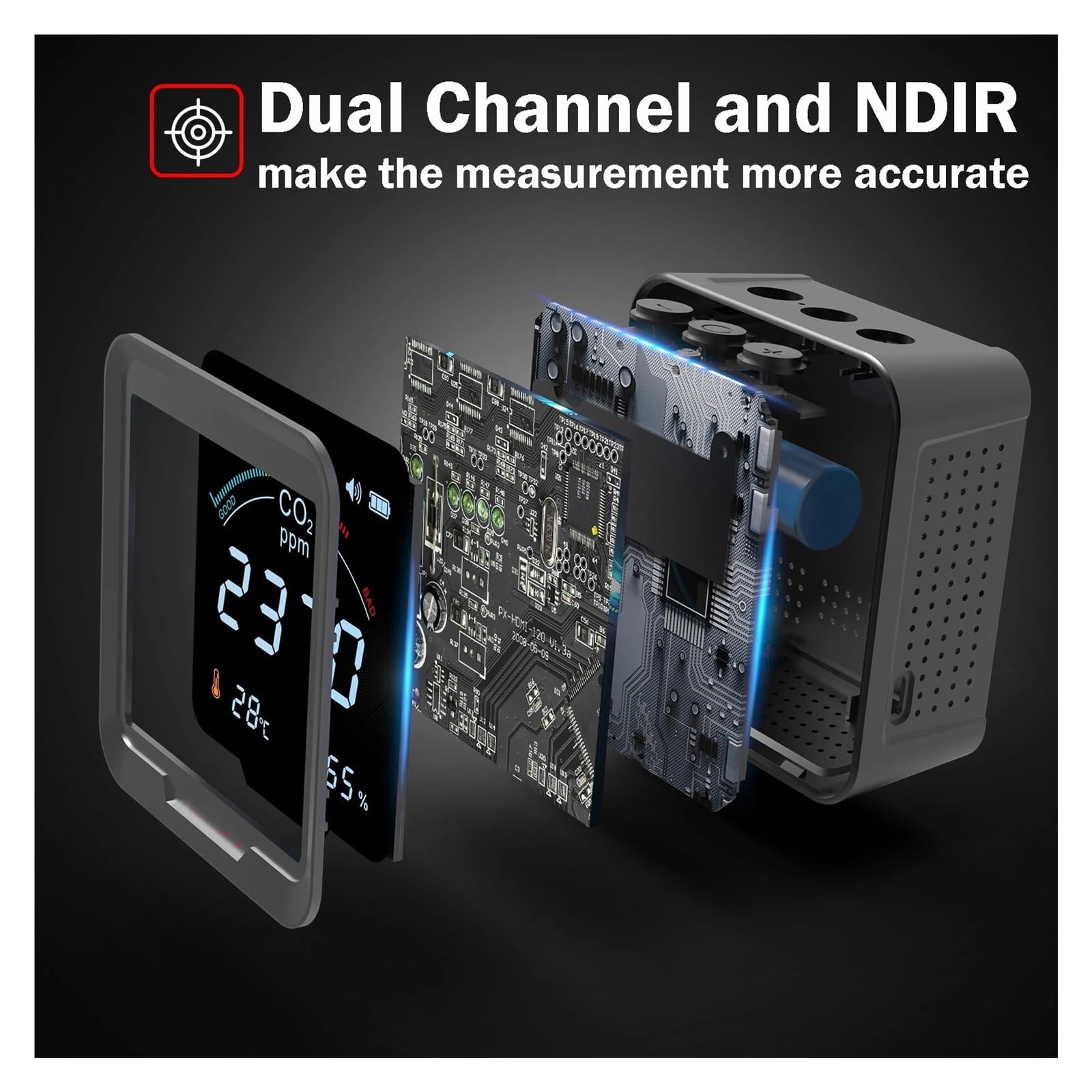 Misuratore Qualità dell'aria, Rilevatore di CO2 for interni 3in1 Monitor a qualità 'aria Rilevatore NDIR con rilevamento 'umidità a temperatura Misuratore di CO2 di anidride carbonica per Casa Cucina