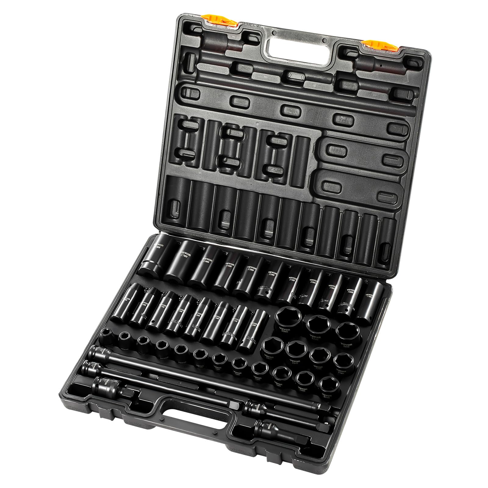 VEVOR Juego de vasos de impacto de 1/2", 43 piezas, vasos de impacto métricos estándar profundos de 9-30 mm, acero de aleación CR-V de 6 puntos, con barra de extensión y estuche de transporte