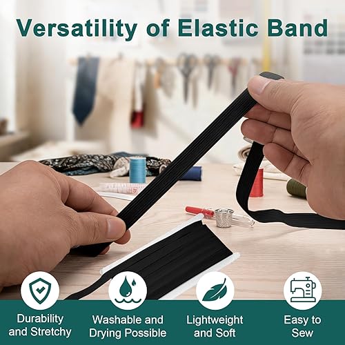 Miniatura 5 de Airisoer Banda elástica de 1/2 pulgada para costura, bandas elásticas de alta elasticidad de 12 yardas para cinturas, pantalones, ropa y Negro