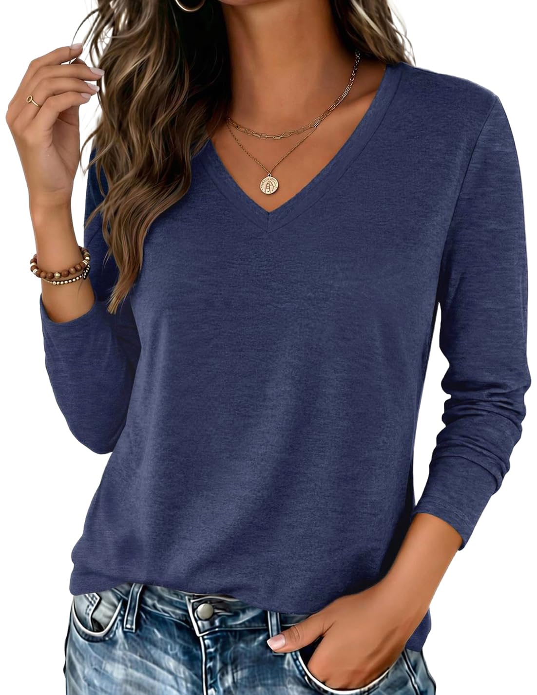 Womens Shirts Long Sleeve Tops V Neck Casual Basic Tee Fall Outfits