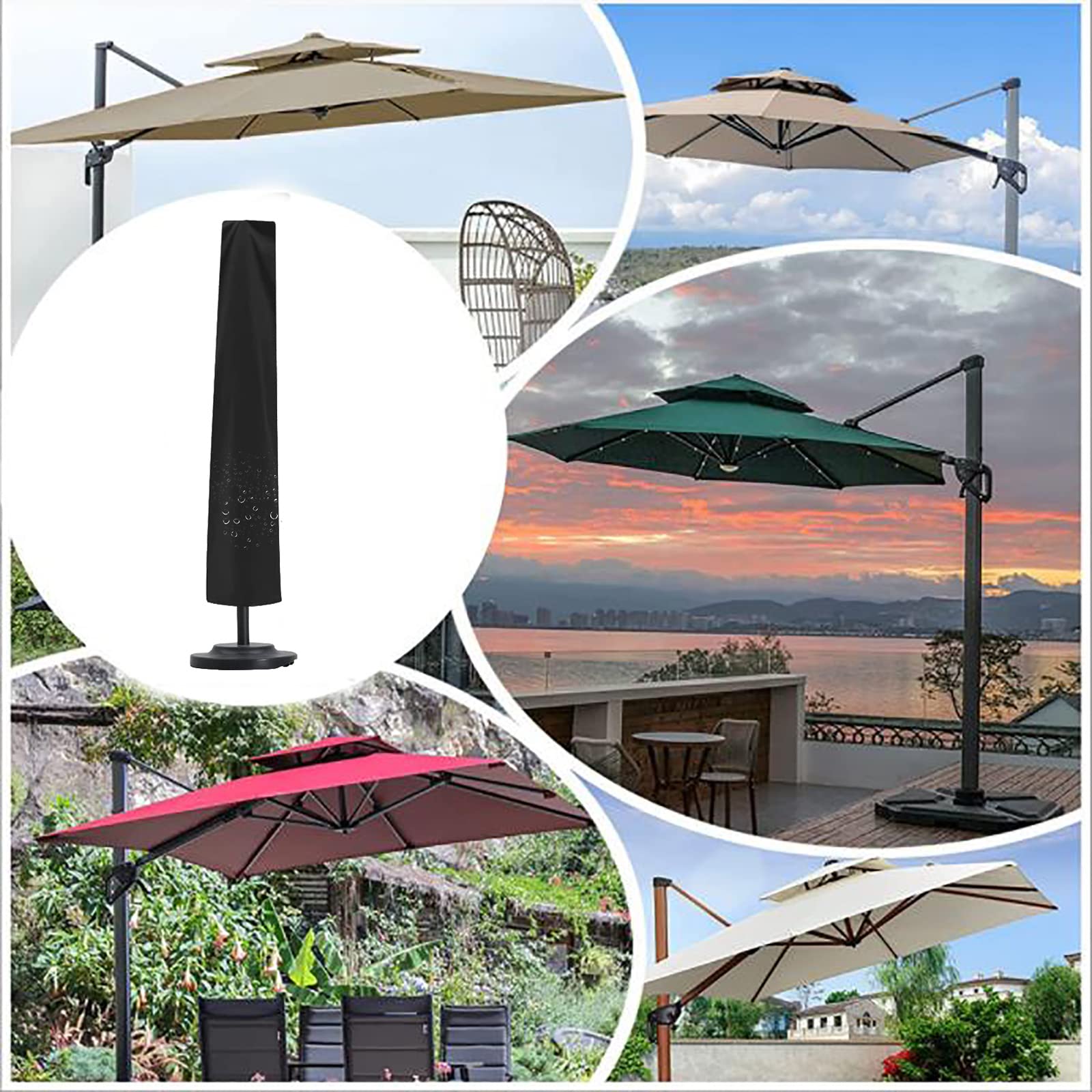 Pokrowiec na parasol z ramieniem bocznym, Pokrowiec ochronny na parasol ogrodowy, wodoodporny, ze ściągaczem, wiatroszczelny i pyłoszczelny