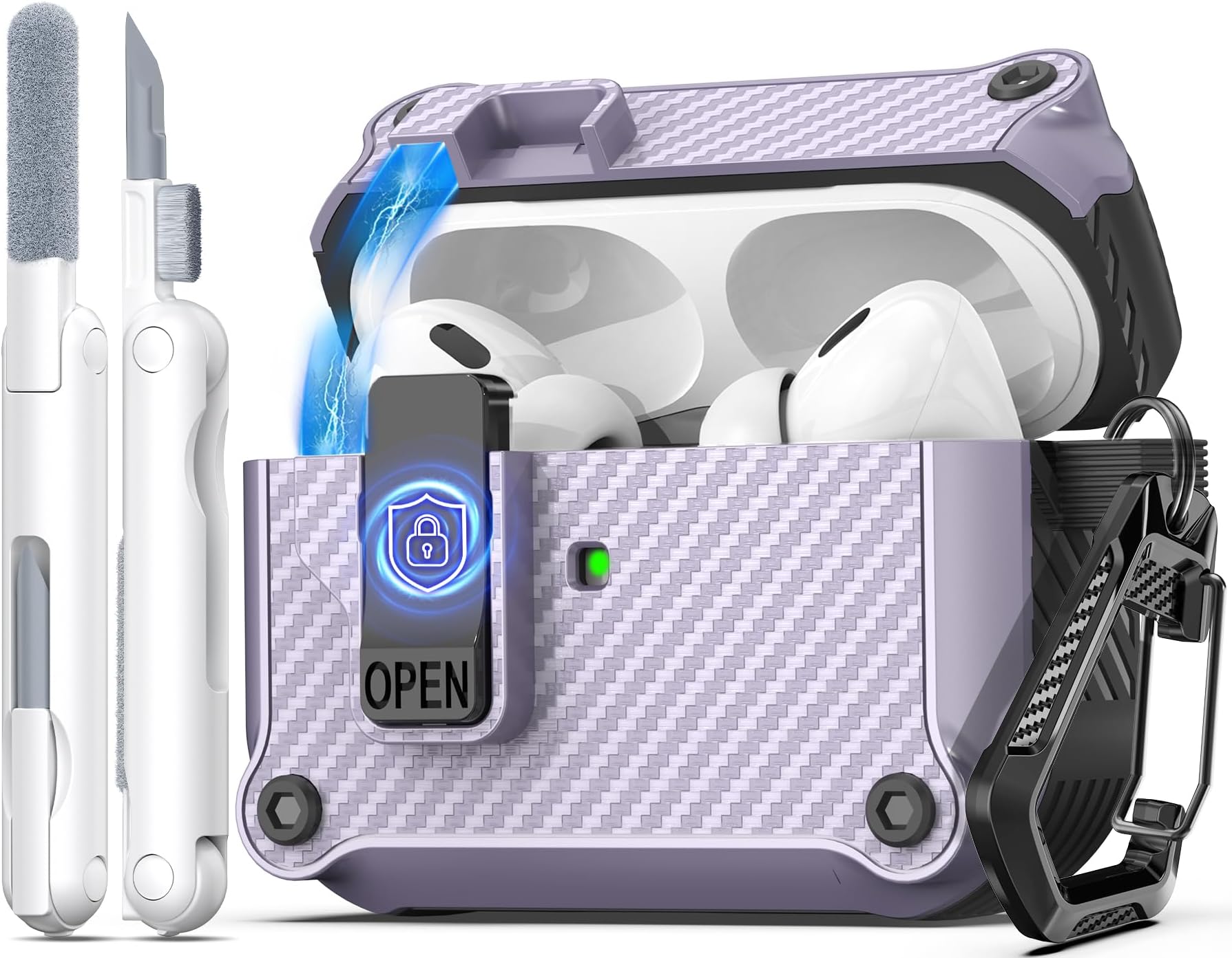 R-fun Compatible with AirPods Pro 2nd Generation 2023(USB-C),2022(Lightning Cable),1st Gen 2019 Charging Case, Full Drop Protection Auto Pop-Up Lid Design with Cleaner Kit,Fiber Purple