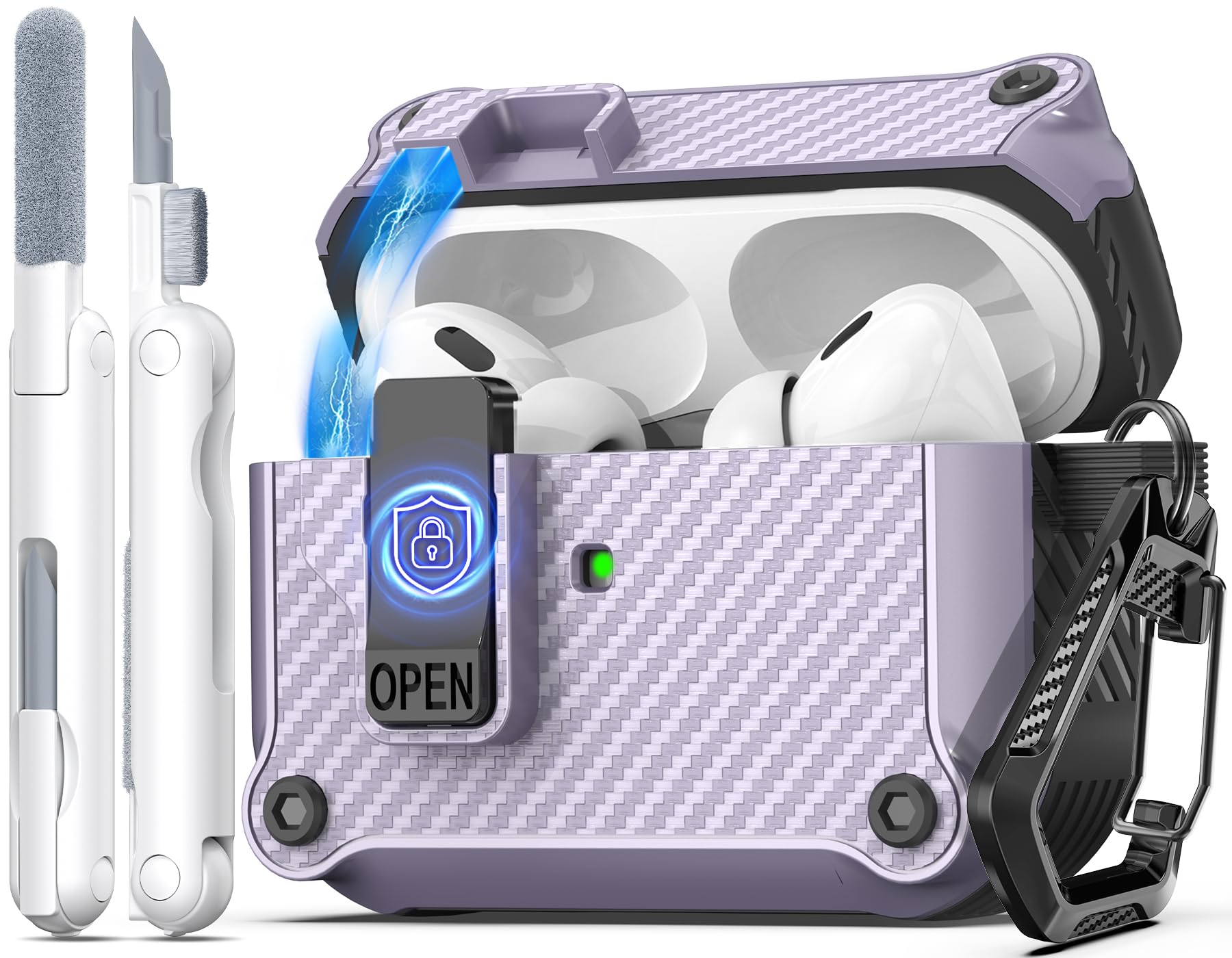 R-fun Compatible with AirPods Pro 2nd Generation 2023(USB-C),2022(Lightning Cable),1st Gen 2019 Charging Case, Full Drop Protection Auto Pop-Up Lid Design with Cleaner Kit,Fiber Purple