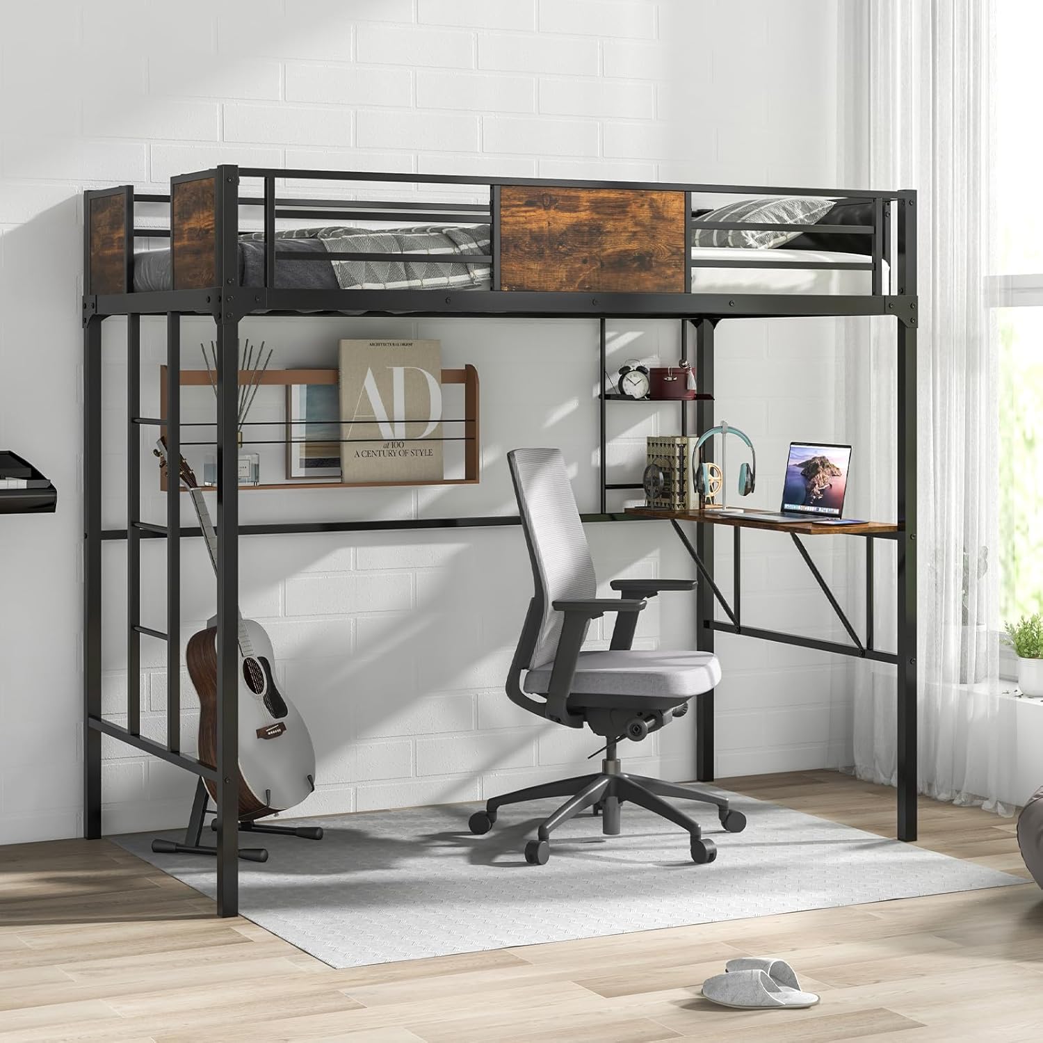 Giantex Loft Bed Twin Size with Desk and Storage Shelf, Heavy-Duty ...