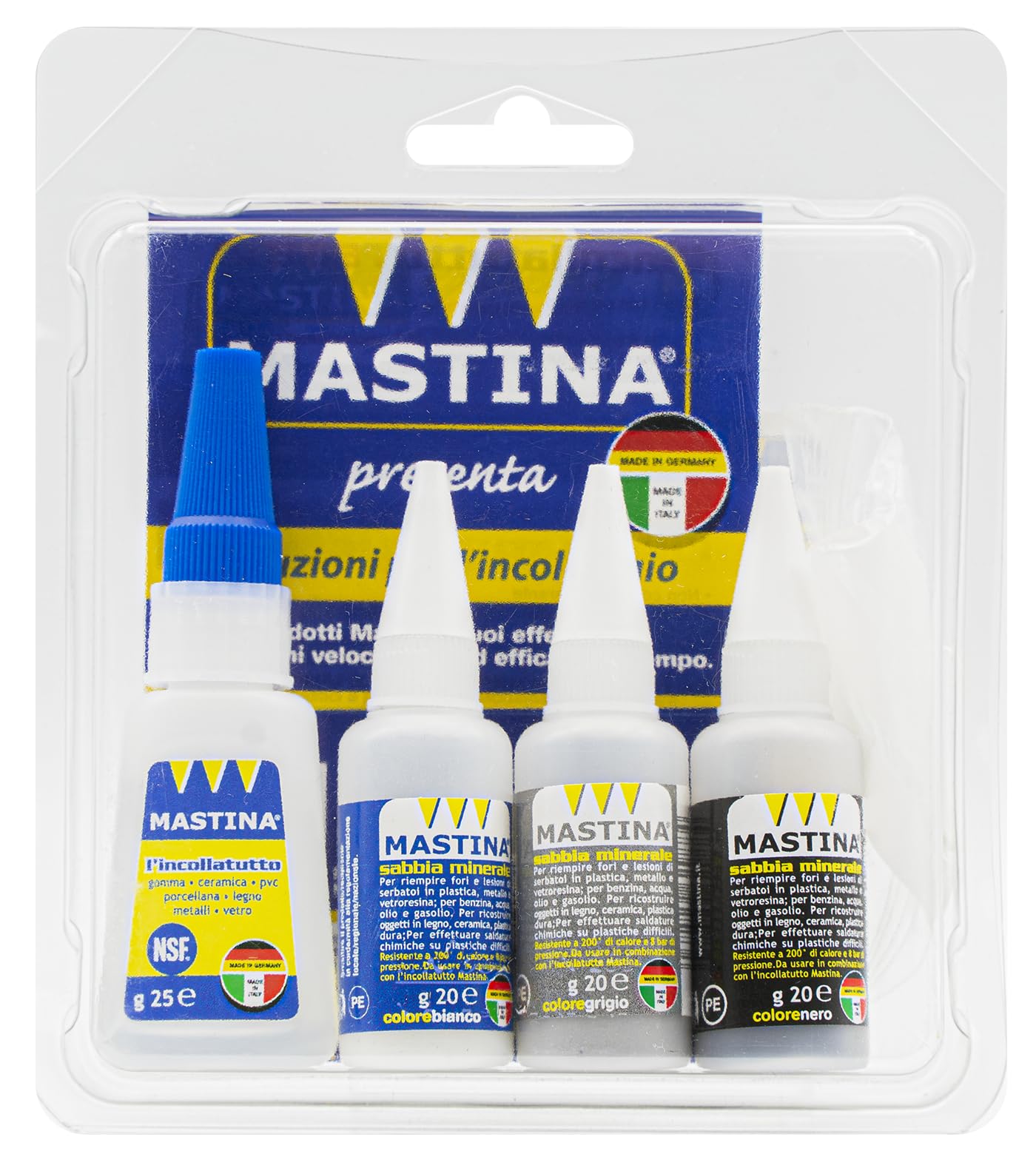 Mastina, Kit Completo di Riparazione con Boccetta Maxi Incollatutto 25g + 3 Sabbie Minerali da 20g (Bianca, Grigia, Nera) + 5 beccucci di precisione