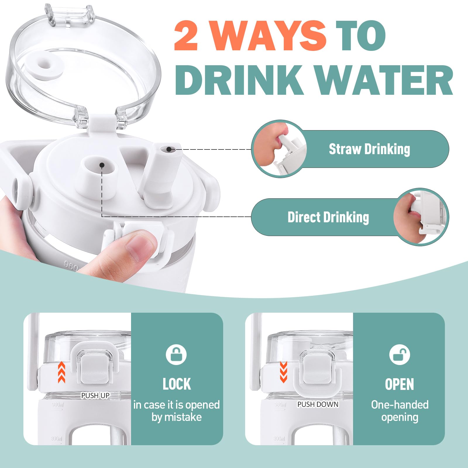 BLUEGO 960ml Bottiglie d'acqua in vetro con cannuccia e indicatore del tempo Bottiglia d'acqua sportiva grande con custodia in silicone 0,96 litri Brocca d'acqua in vetro per palestra, Bianco