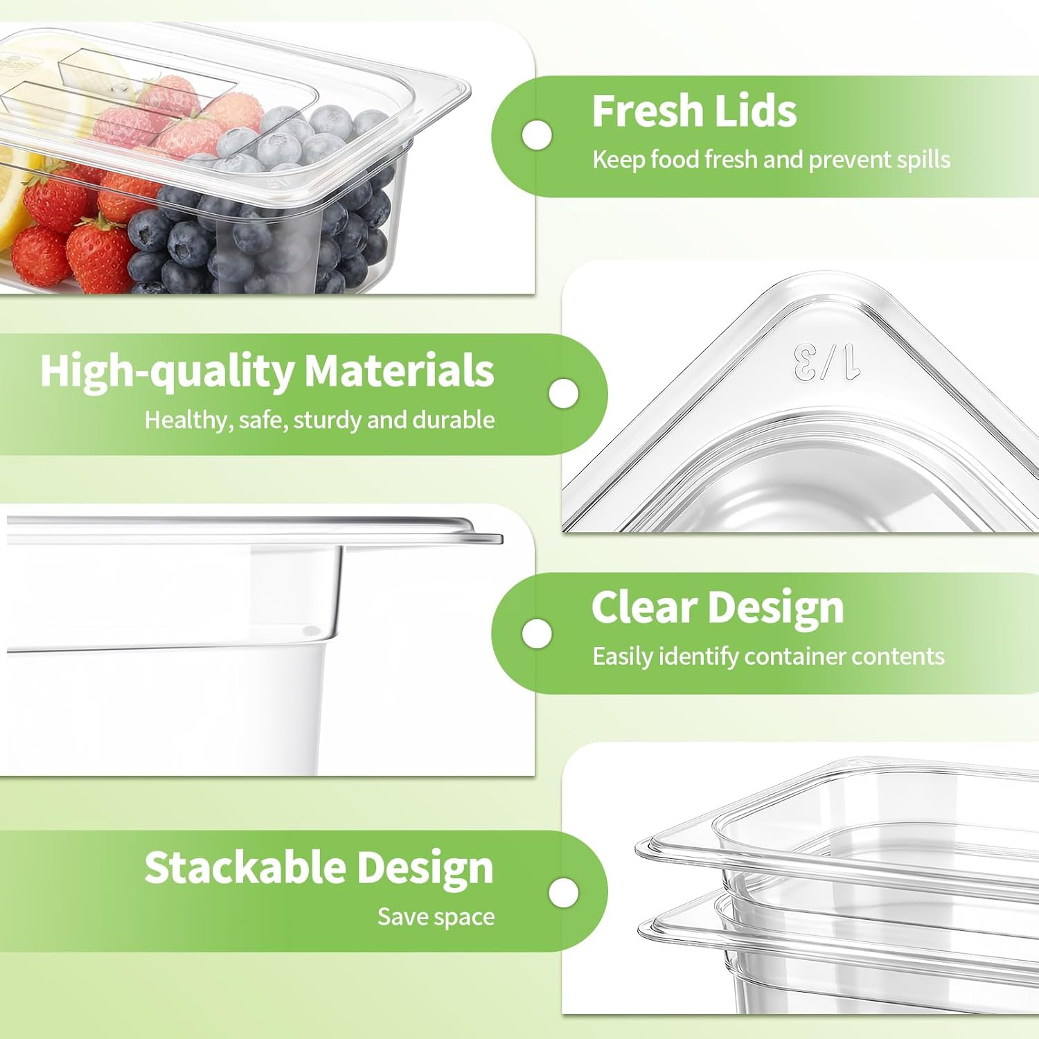 Sliner 10 Pack Plastic Clear Food Pans with Lids, Including 6 x 1/6 Size and 4 x 1/3 Size, 4 Inches Deep, Stackable and Freezer Safe Commercial Food Storage Containers for Fridge Salad Polycarbonat