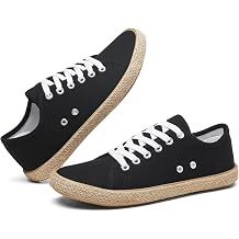 POVOGER Womens Canvas Sneakers Low Top Lace Up - Breathable Casual Walking Shoes Lightweight Comfort, White Fashion Tennis Sneakers with Textured Rope Jute Edge Trim