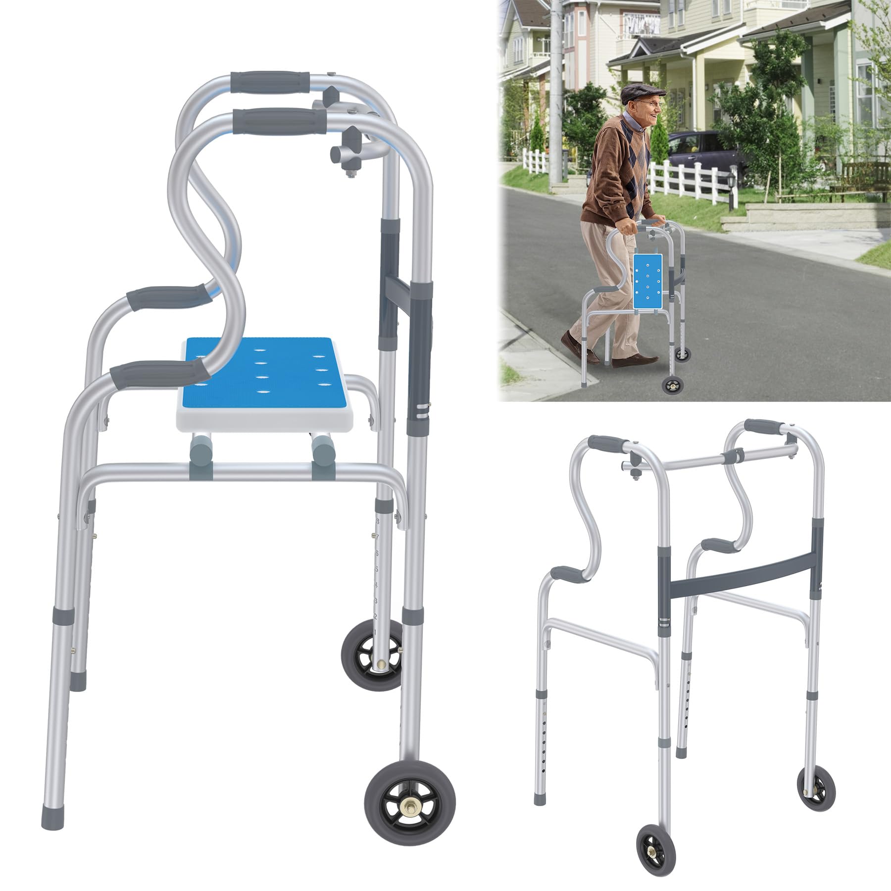 Froadp Andador para personas mayores, caballete de aluminio, fácil de ajustar en altura, con 2 ruedas giratorias, antideslizante, estable, andador, estrecho, para apartamentos, ayuda de pie, mango