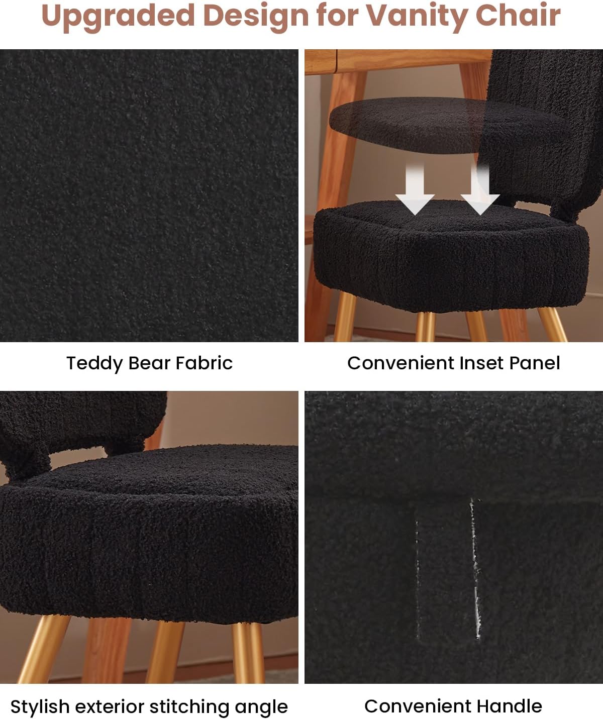 Updated Vanity Chair, Storage Ottoman with Folding Back & Gold-Toned Metal Legs, Ottoman Seat with Teddy Velvet for Dressing Room Living Room Bedroom, 15" x 12" Inch