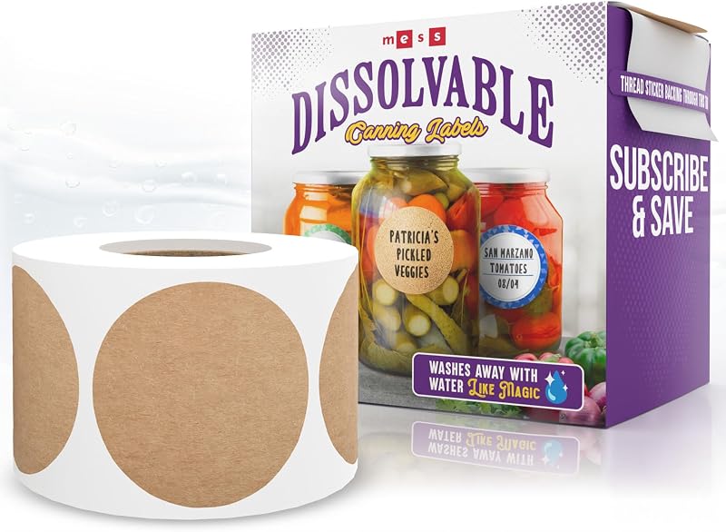 Etiquetas para conservas solubles, pegatinas redondas de 1 pulgada para tarros de masón Kraft extraíbles | Soluble en agua, sin residuos, escribir con bolígrafo, 200 por paquete, mermelada, conservas, despensa, congelador, botellas de especias, almacenamiento de alimentos