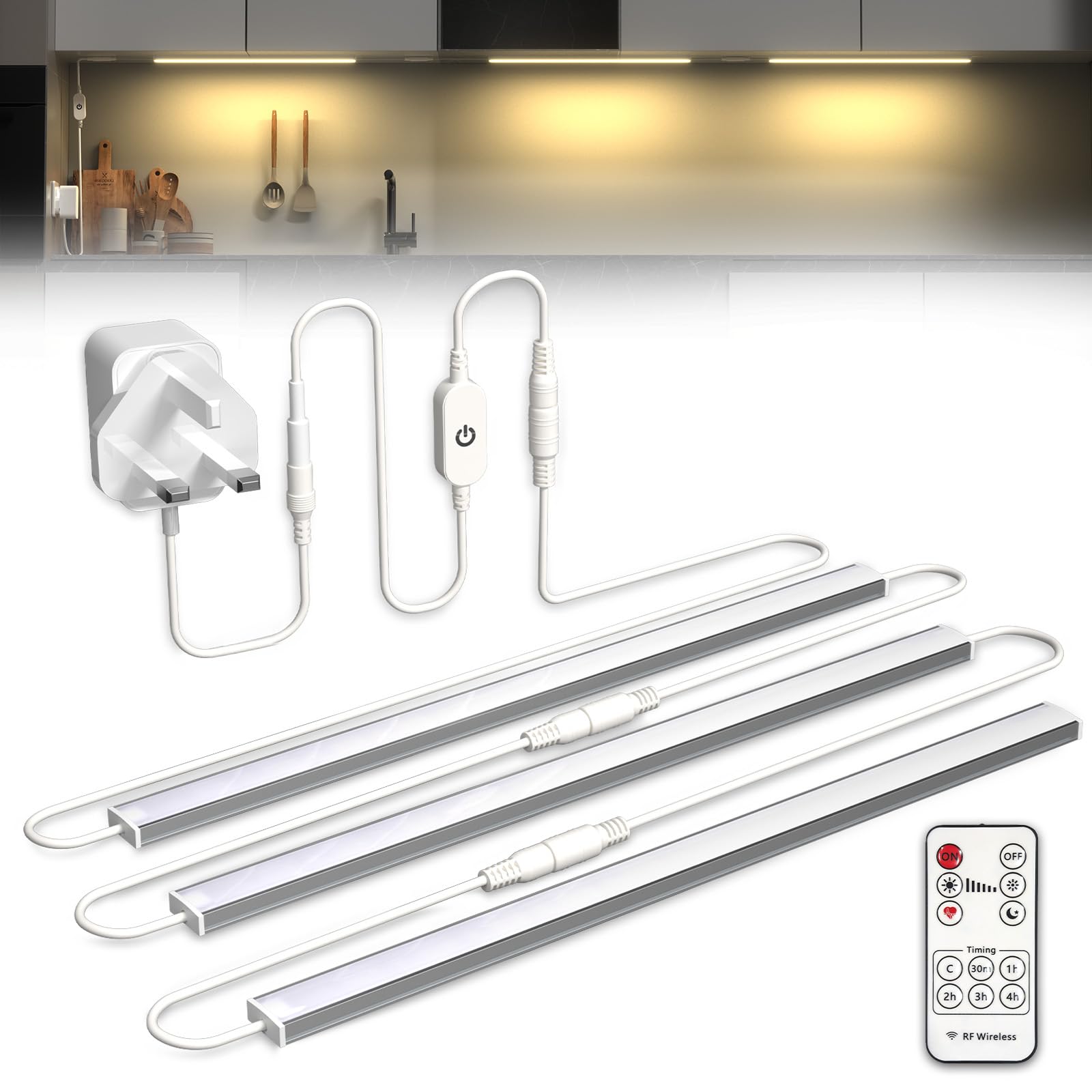Bonlux Warm White+Remote Under Cupboard Kitchen Lights, Linkable Under Cabinet Kitchen Light Mains Dc 12V Warm White 3000K, Dimmable Under Counter Lights With Remote And Uk Plug For Cupboard Cabinet(3X12in)